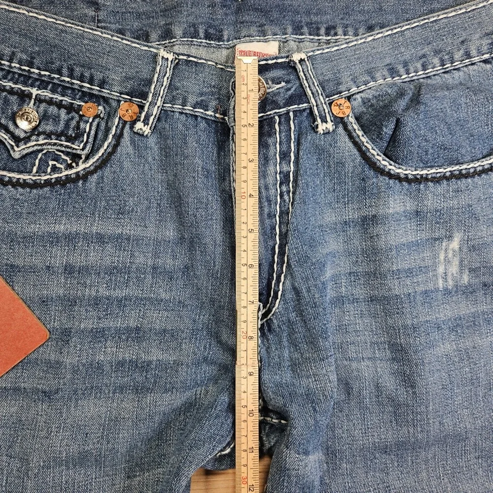 True Religion Joey Super T Men 38x30 Blue Flare Leg Contrast Stitch Distress NEW